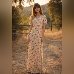 Vintage 70’s-  Orange Floral Maxi Dress - silky polyester- Brady Bunch style